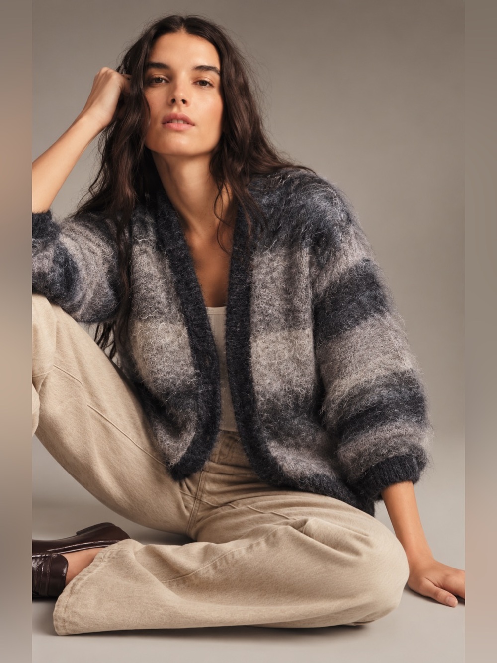 Cozy Striped Open-Front Fuzzy Cardigan Jacket in Gray